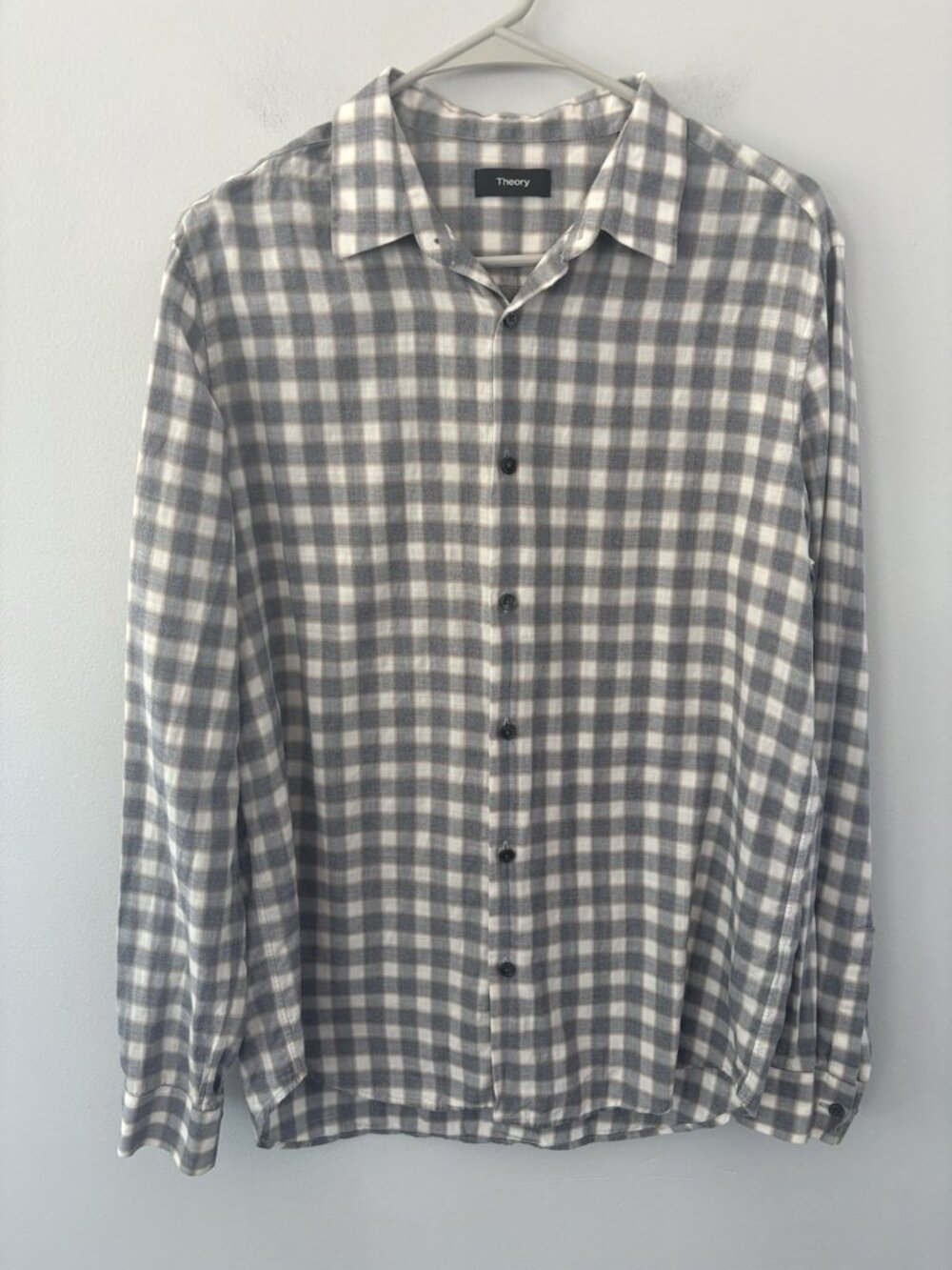 Theory Men’s Medium Irving Flanella Button Down Cotton Gray Plaid Check Shirt M